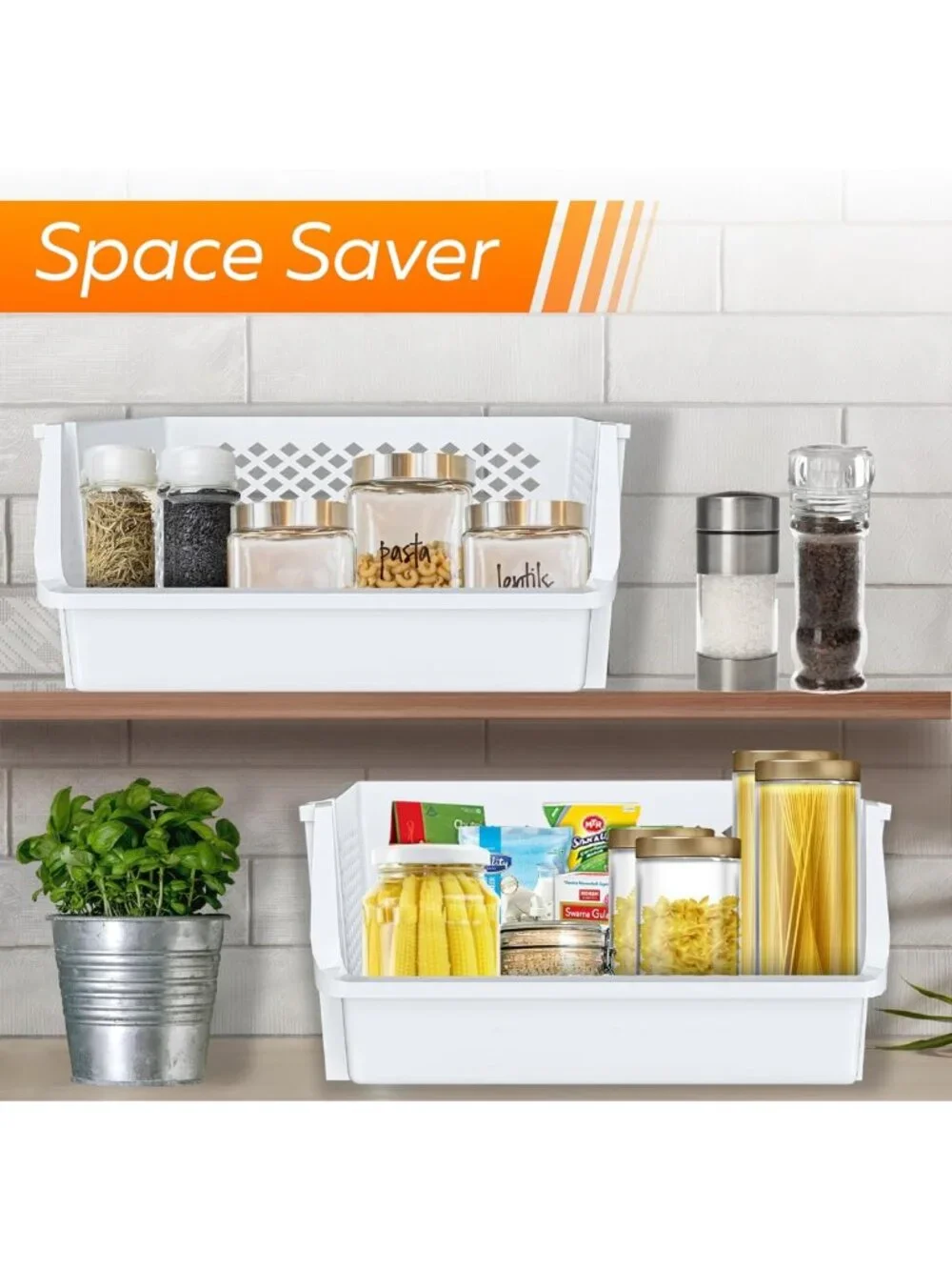 XL Stackable Open Front Storage Bins for Pantry Organization - 6 Pack, White